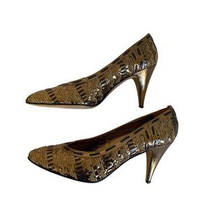 Donald J Pliner High Heels Closed Toe Woven Gold & Black Pump Shoes Size 7M